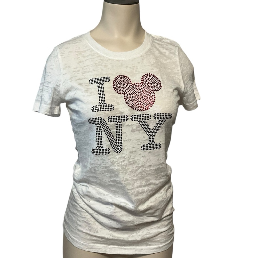 DISNEY STORE sz Medium Jrs Burnout T Shirt I (Mickey Ears) NY Studded Bling